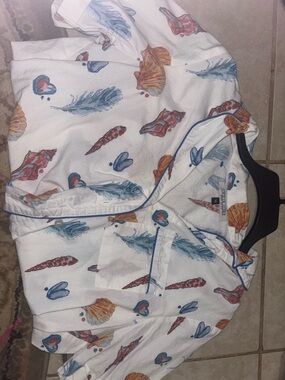 Seashell & Feather Print White Button-Up Top